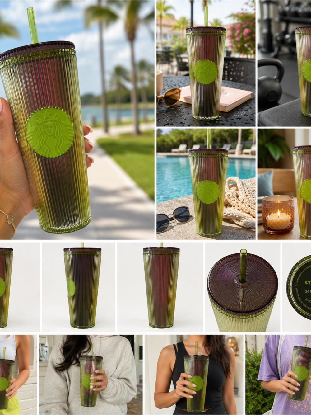 Starbucks 24oz Iridescent Ribbed Cold Cup Green Purple Ombre Tumbler Straw Venti